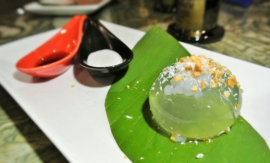Waterdrop Coconut Dessert with Gula Melaka, Sago and Crushed Peanuts